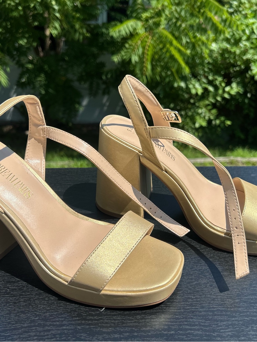 Gold Block Heel Slingback Sandals